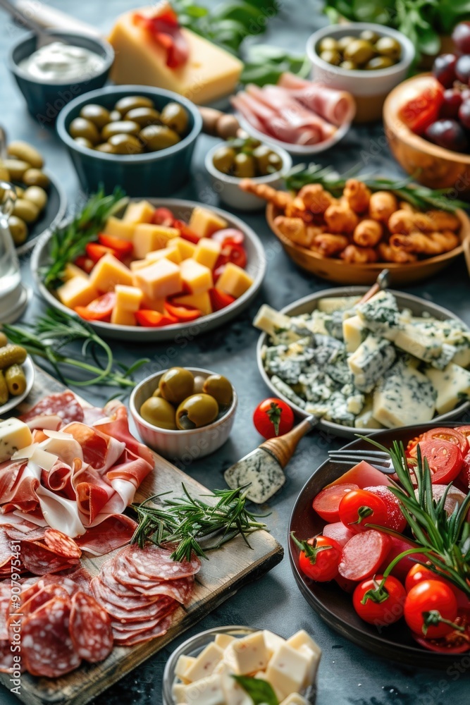 A table full of food with a variety of cheeses, meats, and vegetables. The table is set for a party or gathering A table full of food with a variety of cheeses, meats, and vegetables. The table is set for a party or gathering
