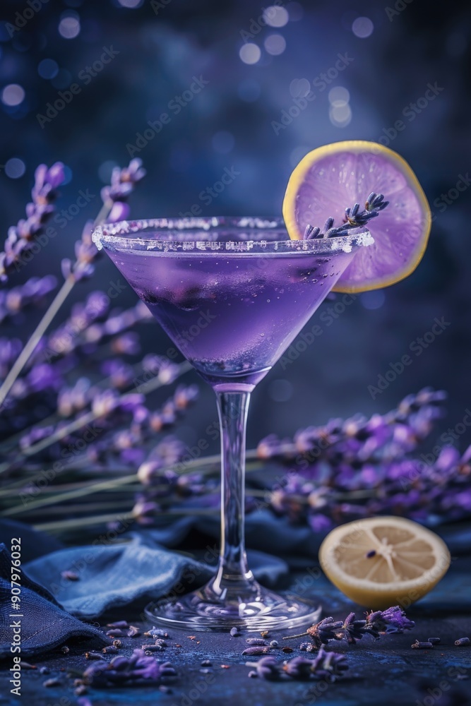 A purple martini with a lemon slice on top is served in a martini glass. The drink is garnished with lavender flowers, which add a touch of elegance to the presentation A purple martini with a lemon slice on top is served in a martini glass. The drink is garnished with lavender flowers, which add a touch of elegance to the presentation