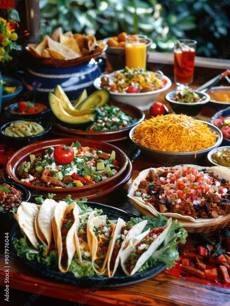 A table full of Mexican food including tacos, guacamole, and salsa. The table is set for a party or gathering A table full of Mexican food including tacos, guacamole, and salsa. The table is set for a party or gathering