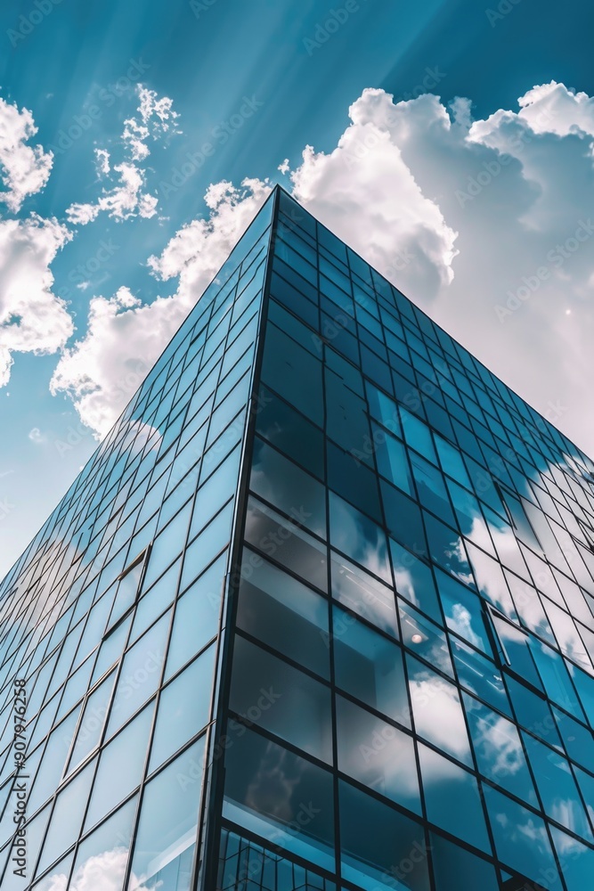A tall building with a lot of windows and a cloudy sky in the background. The building is reflecting the clouds in its windows, creating a sense of depth and atmosphere A tall building with a lot of windows and a cloudy sky in the background. The building is reflecting the clouds in its windows, creating a sense of depth and atmosphere