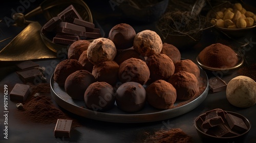 Appetizing chocolate truffle with decorative ornaments.