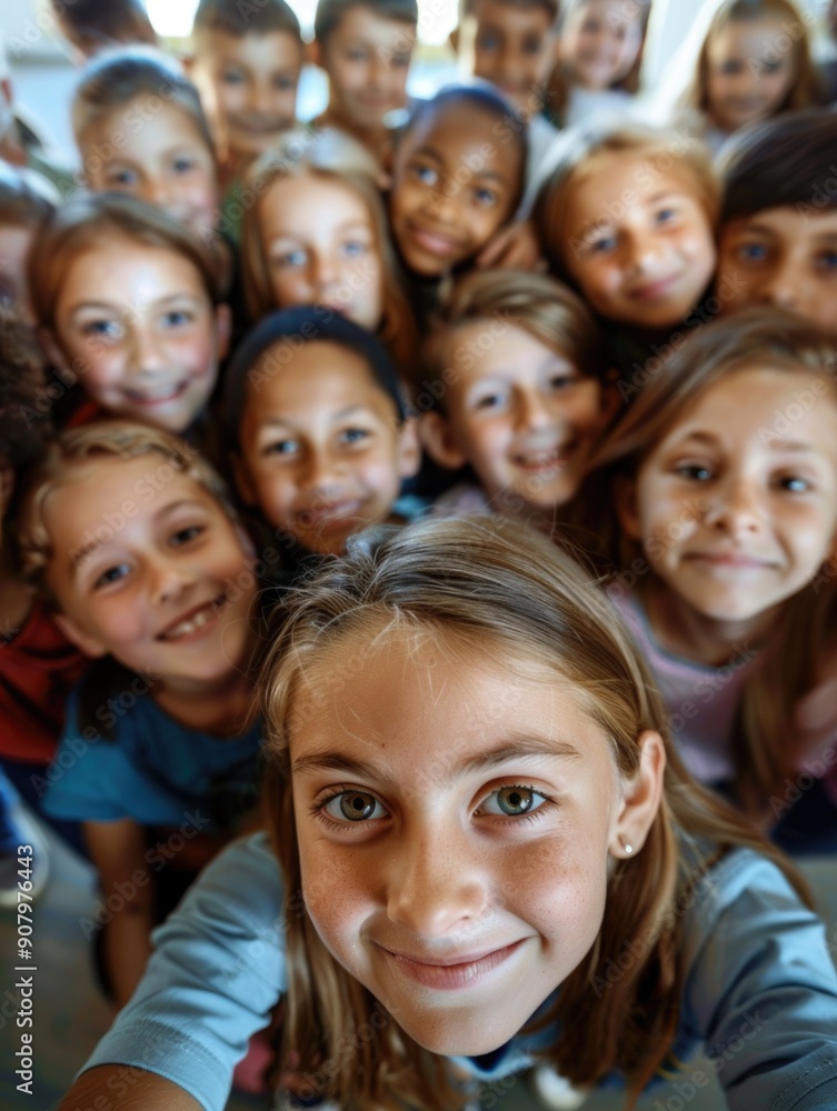 A group of children are smiling and posing for a picture. Scene is happy and joyful A group of children are smiling and posing for a picture. Scene is happy and joyful
