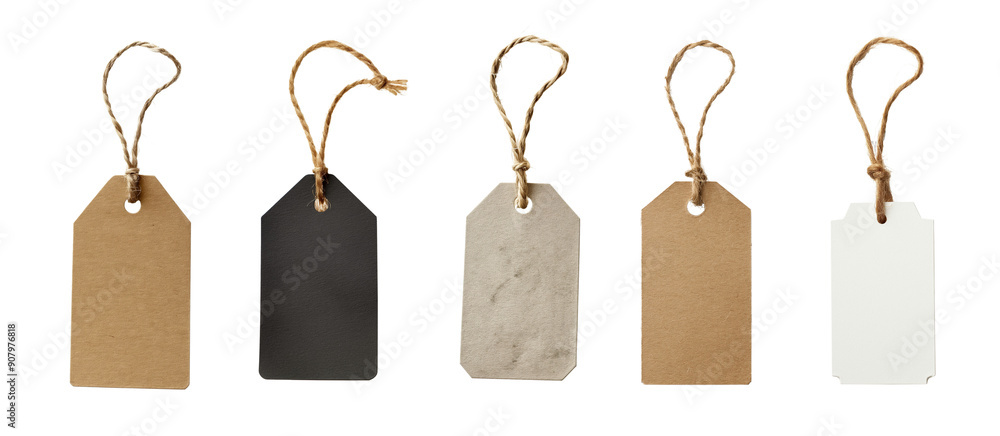 Carton paper label tags, with natural linen string cord knot. Different coloured versions, isolated on transparent background. Generative AI