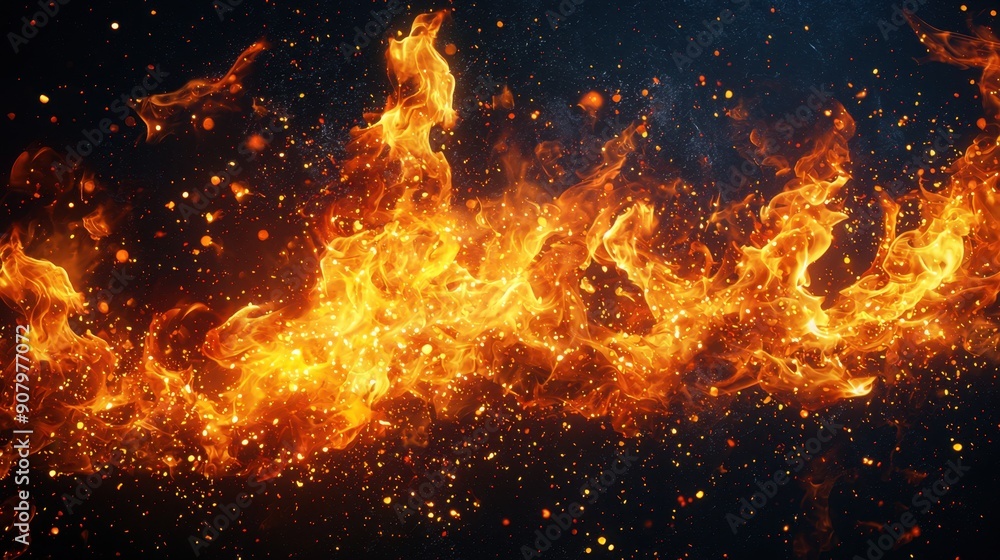 Realistic isolated fire effect on a black background, with bright flames and sparks. Realistic isolated fire effect on a black background, with bright flames and sparks.