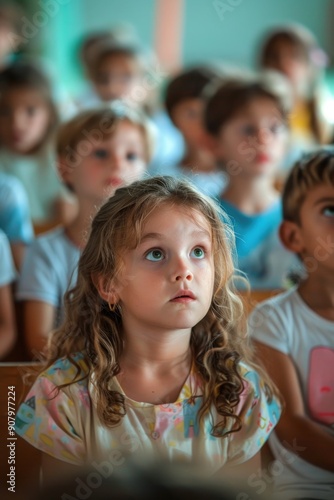 A group of children are sitting in a classroom, with one girl looking at the camera. Scene is one of curiosity and attentiveness
