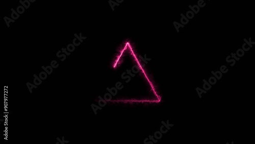 triangle neon glowing magenta red color 4k illustration on black background. 