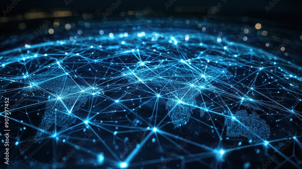 Global interconnected digital network with futuristic blue glowing lines and nodes on dark background. Global interconnected digital network with futuristic blue glowing lines and nodes on dark background.