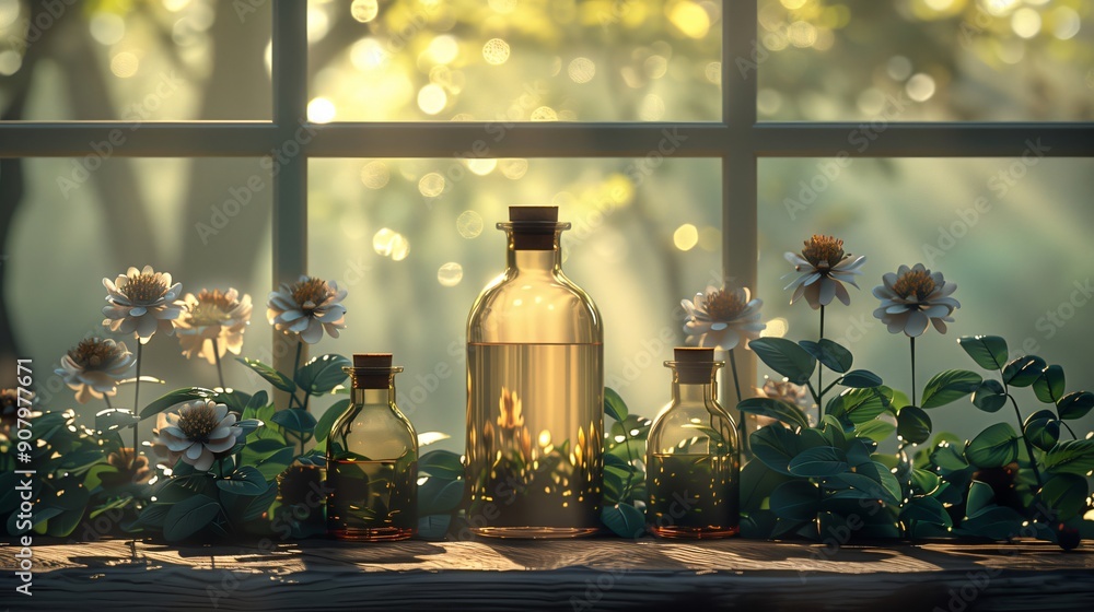 Glass bottles of essential oils and white flowers on a sunlit windowsill create a serene atmosphere, capturing aromatherapy and wellness. Alternative medicine and naturopathy Glass bottles of essential oils and white flowers on a sunlit windowsill create a serene atmosphere, capturing aromatherapy and wellness. Alternative medicine and naturopathy