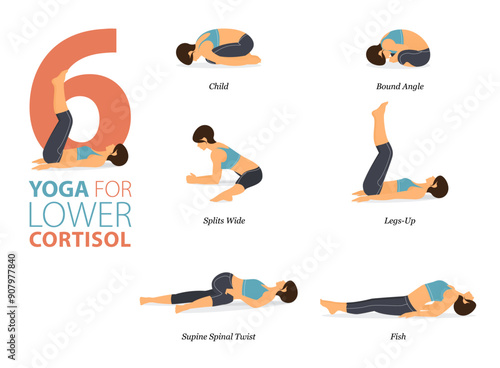 Infographic 6 Yoga poses for workout at home in concept of lower cortisol in flat design. Women exercising for body stretching. Yoga posture or asana for fitness infographic. 