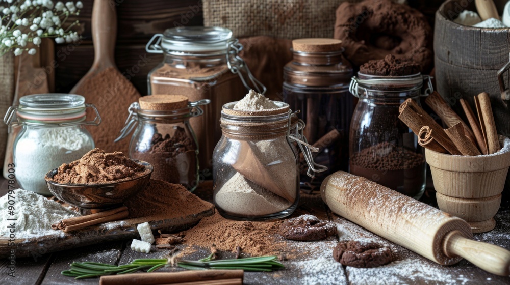 A set of artisanal baking powders displayed in small glass jars on a rustic kitchen counter. The jars contain cocoa powder, cinnamon, baking soda, and flour, ready for a delicious baking session A set of artisanal baking powders displayed in small glass jars on a rustic kitchen counter. The jars contain cocoa powder, cinnamon, baking soda, and flour, ready for a delicious baking session