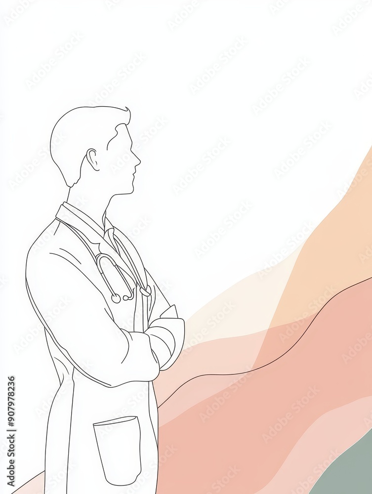 This image features a minimalist line art illustration of a doctor in a white coat, with a stethoscope visible, against a backdrop of abstract peach and beige waves. It symbolizes healthcare, wellness This image features a minimalist line art illustration of a doctor in a white coat, with a stethoscope visible, against a backdrop of abstract peach and beige waves. It symbolizes healthcare, wellness