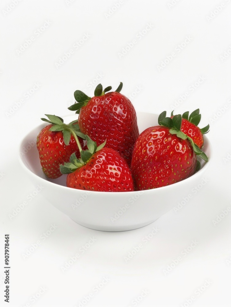 A bowl of strawberries sits on a white background. The bowl is filled with four strawberries, each with a green stem. Concept of freshness and abundance, as the bowl is overflowing with ripe A bowl of strawberries sits on a white background. The bowl is filled with four strawberries, each with a green stem. Concept of freshness and abundance, as the bowl is overflowing with ripe