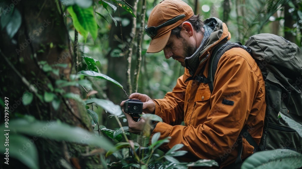 A conservationist wildlife camera in forest ecosystem A conservationist wildlife camera in forest ecosystem