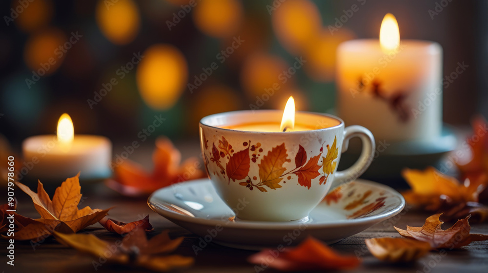 A beautiful cup in the form of a candlestick, burning candles against a blurred bokeh, soft light A beautiful cup in the form of a candlestick, burning candles against a blurred bokeh, soft light