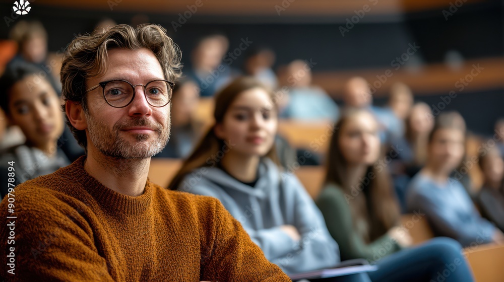 A man in glasses is smiling at the camera in front of a crowd of people A man in glasses is smiling at the camera in front of a crowd of people