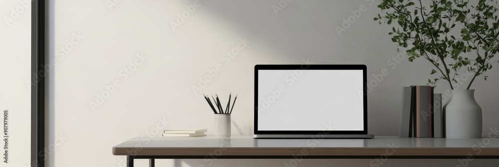 A clean and modern workspace with a laptop, a vase with greenery, and a stack of books, symbolizing productivity, inspiration, knowledge, and organization. A clean and modern workspace with a laptop, a vase with greenery, and a stack of books, symbolizing productivity, inspiration, knowledge, and organization.