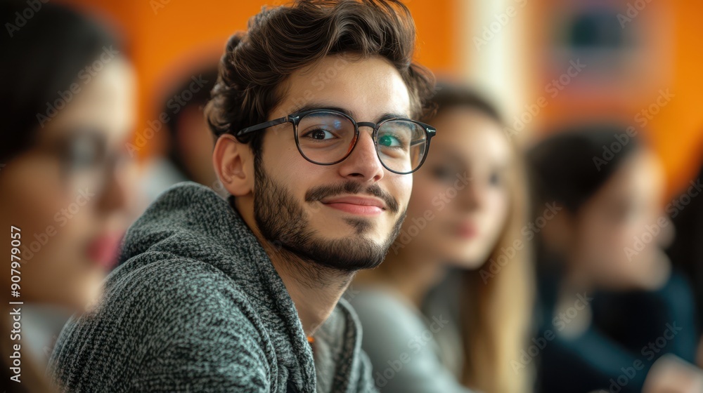 A man with glasses is smiling at the camera A man with glasses is smiling at the camera