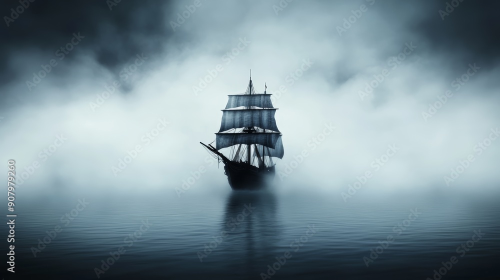 A pirate ship haunted by ghostly pirates, with tattered sails and eerie fog, high-resolution photo, realistic photo A pirate ship haunted by ghostly pirates, with tattered sails and eerie fog, high-resolution photo, realistic photo