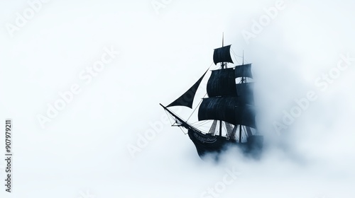 A pirate ship haunted by ghostly pirates, with tattered sails and eerie fog, high-resolution photo, realistic photo