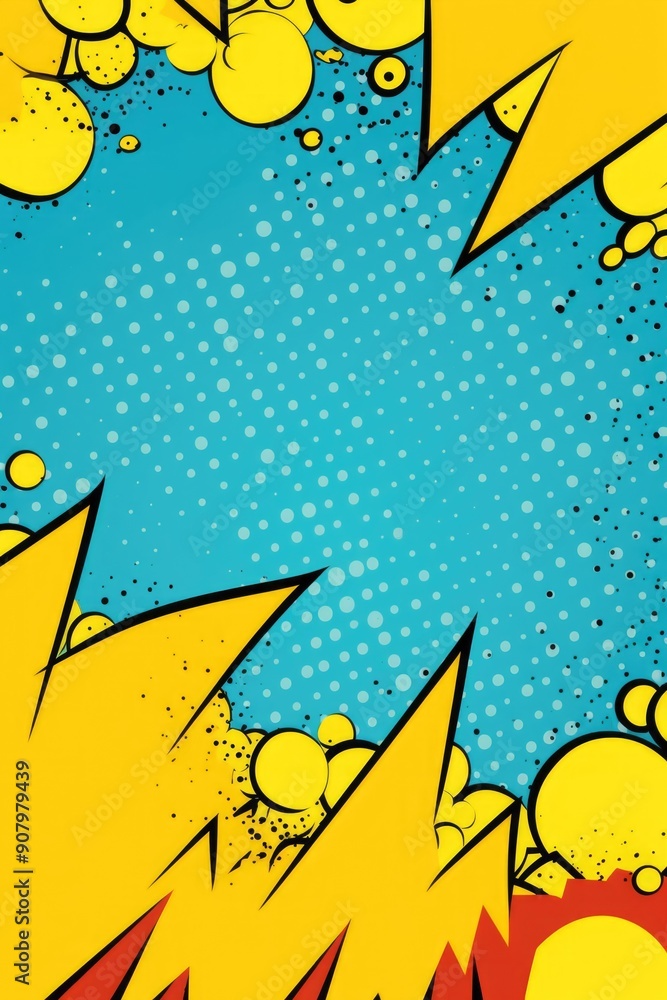 Naklejka premium A comic book style poster with a blue background and yellow circles. The poster has a yellow explosion in the middle and a yellow arrow pointing to the right. The poster has a fun and energetic vibe