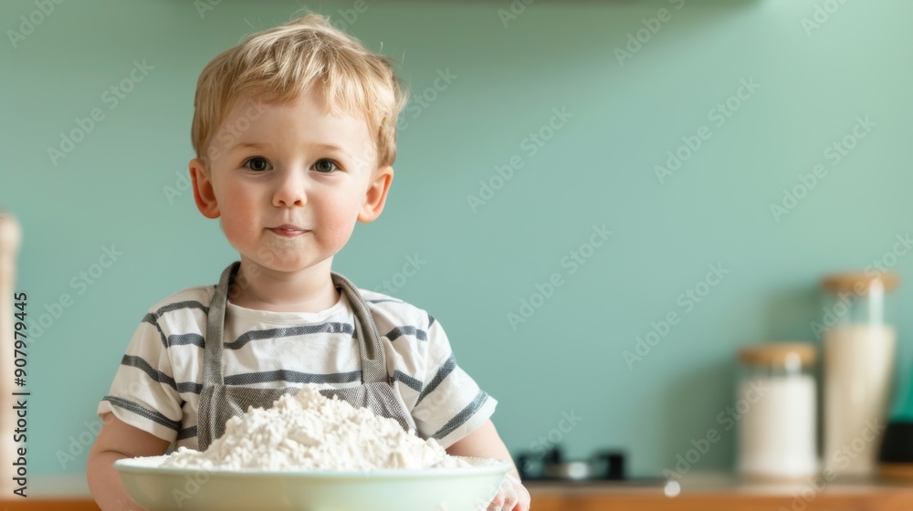 Adorable young boy in a kitchen, holding a bowl filled with flour. Cute child with striped shirt and apron, ready to bake. Adorable young boy in a kitchen, holding a bowl filled with flour. Cute child with striped shirt and apron, ready to bake.