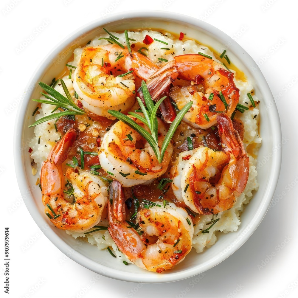 a white bowl filled with shrimp and grits a white bowl filled with shrimp and grits