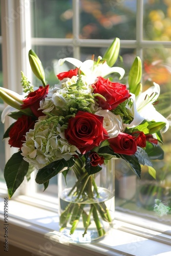 Wallpaper Mural A vibrant bouquet of red roses, white lilies, and green accents rests in a clear vase, illuminated by natural light near a window. Torontodigital.ca