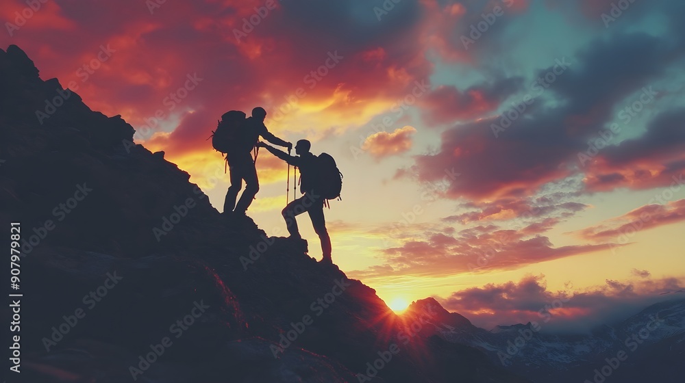 Two tourists, one of whom helps the other to reach the top of the mountain. Camaraderie, friendship, support, mutual assistance Two tourists, one of whom helps the other to reach the top of the mountain. Camaraderie, friendship, support, mutual assistance