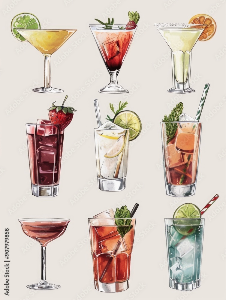 A set of colorful cocktails in various glasses, including martinis, margaritas, and mojitos A set of colorful cocktails in various glasses, including martinis, margaritas, and mojitos