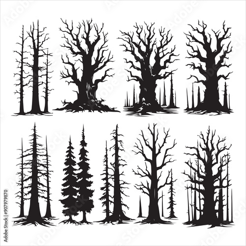 Set of black silhouette dead forest trees vector