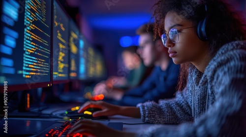 A woman is working on a computer with a man in the background