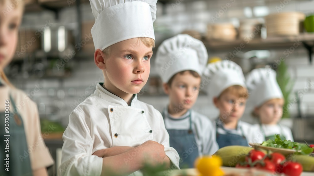 Group of young children dressed as chefs standing attentively in a kitchen, surrounded by fresh produce, learning about cooking. Group of young children dressed as chefs standing attentively in a kitchen, surrounded by fresh produce, learning about cooking.