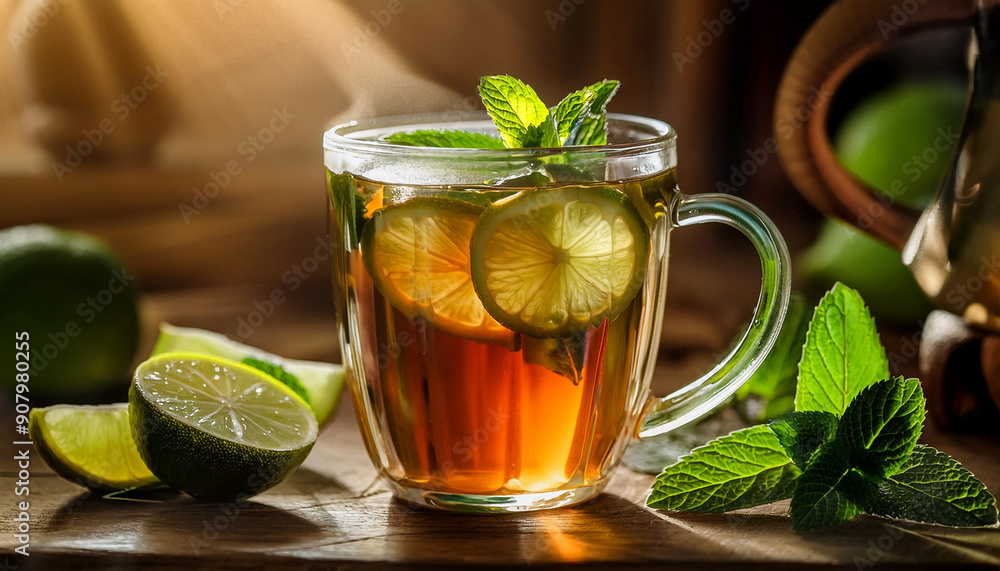 Tea with lime slices and mint in a glass mug, summer drink, healthy beverage Tea with lime slices and mint in a glass mug, summer drink, healthy beverage