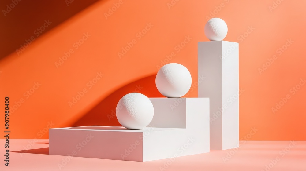 Modern geometric composition with white spheres on contrasting orange background, highlighting balance and structure. Modern geometric composition with white spheres on contrasting orange background, highlighting balance and structure.