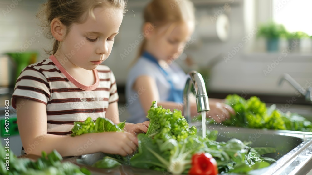 Two children washing fresh vegetables in a home kitchen, emphasizing healthy eating and daily chores, fostering responsibility and culinary skills. Two children washing fresh vegetables in a home kitchen, emphasizing healthy eating and daily chores, fostering responsibility and culinary skills.