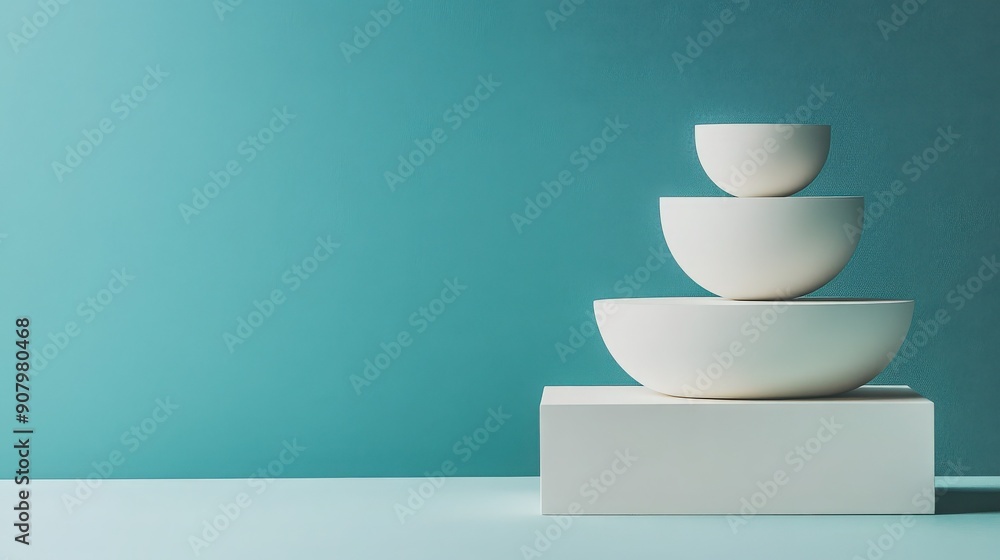 Stylish white bowls stacked on a book against a calming teal background, perfect for modern kitchen decor and photography. Stylish white bowls stacked on a book against a calming teal background, perfect for modern kitchen decor and photography.