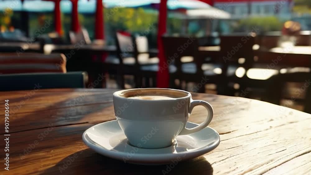 Cup of Coffee on Wooden Table at Outdoor Cafe Cup of Coffee on Wooden Table at Outdoor Cafe