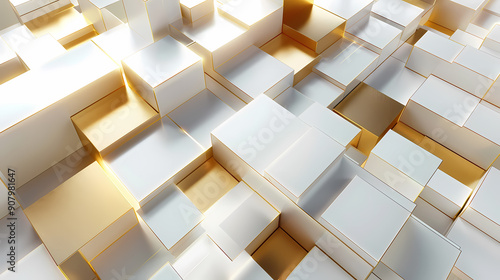 Wallpaper Mural A close-up shot of a geometric pattern made of white and gold cubes. The cubes are arranged in a seemingly random pattern, creating a modern and abstract design. The light catches the edges of the cub Torontodigital.ca
