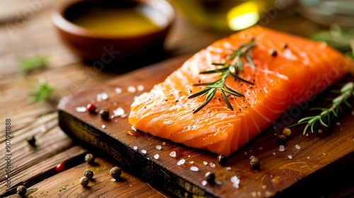 two pieces of red fish on a background of spices and oil. Food photo of a beautiful salmon steak.