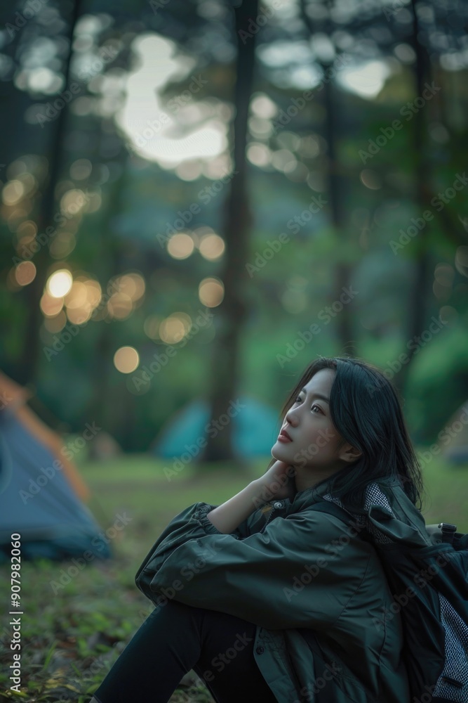 A woman is sitting in the grass with a backpack on her back. She is looking at the camera with a serious expression. The scene is set in a forest with several tents nearby A woman is sitting in the grass with a backpack on her back. She is looking at the camera with a serious expression. The scene is set in a forest with several tents nearby