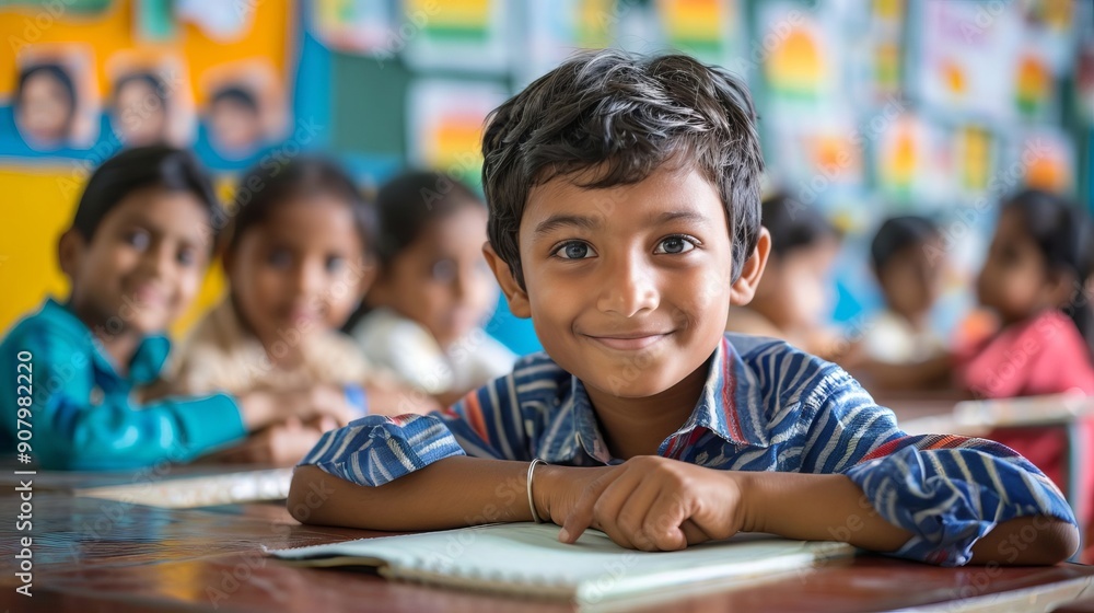 Smiling Indian Student Diligently Writing in a Notebook in Classroom . Education, Academic Smiling Indian Student Diligently Writing in a Notebook in Classroom . Education, Academic