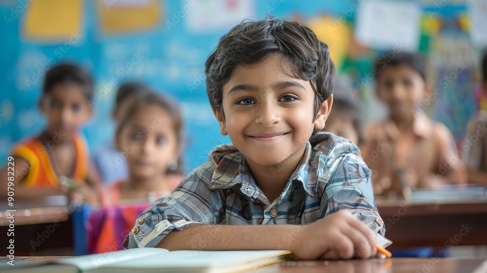 Fototapeta premium Smiling Indian Student Diligently Writing in a Notebook in Classroom . Education, Academic