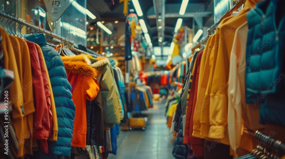 Colorful Winter Jackets Hanging on Racks in a Store. Colorful Winter Jackets Hanging on Racks in a Store.