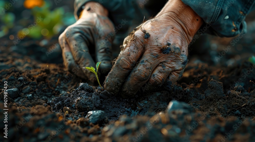 Close-up of an organic farmer’s hands as they gently plant seedlings into rich, dark soil. The attention to detail and care in their movements underscore their commitment to sustainable farming Close-up of an organic farmer’s hands as they gently plant seedlings into rich, dark soil. The attention to detail and care in their movements underscore their commitment to sustainable farming