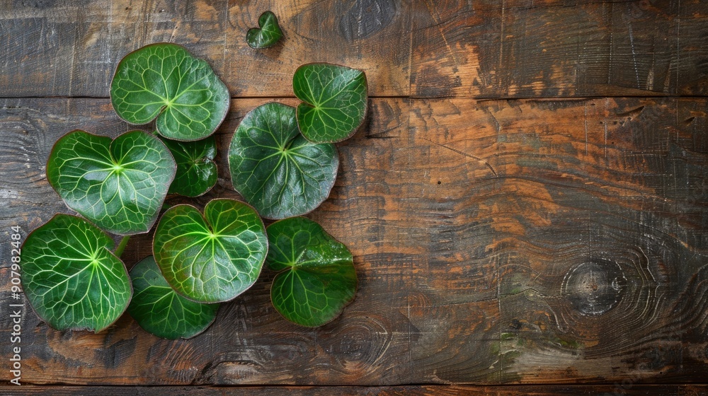 Three pancake plants from the Urticaceae family on a table made of wood Three pancake plants from the Urticaceae family on a table made of wood