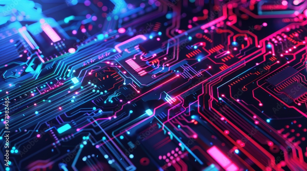 Digital circuit patterns and neon accents offer a tech-themed abstract background. Digital circuit patterns and neon accents offer a tech-themed abstract background.