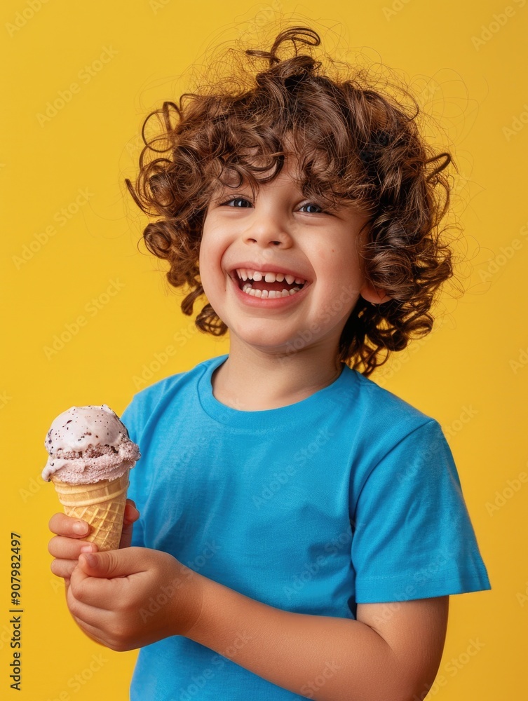 A young boy is holding an ice cream cone and smiling. Concept of happiness and enjoyment, as the child is excited to have the ice cream A young boy is holding an ice cream cone and smiling. Concept of happiness and enjoyment, as the child is excited to have the ice cream