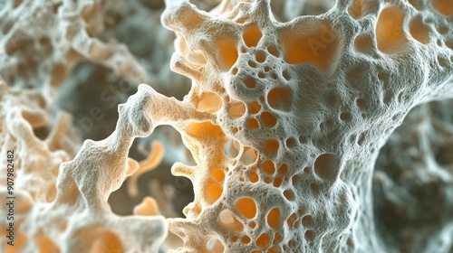 Osteoporosis stage illustration showing the progression of bone degradation in a detailed 3D render.