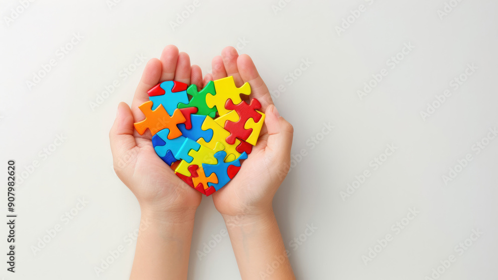 Hands Holding Heart-Shaped Puzzle on Blue Background Hands Holding Heart-Shaped Puzzle on Blue Background