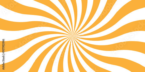 Abstract orange and yellow rays sunburst background. Modern seamless retro vintage burst sunrise sunbeam element spiral striped illustration sunray template wallpaper design.